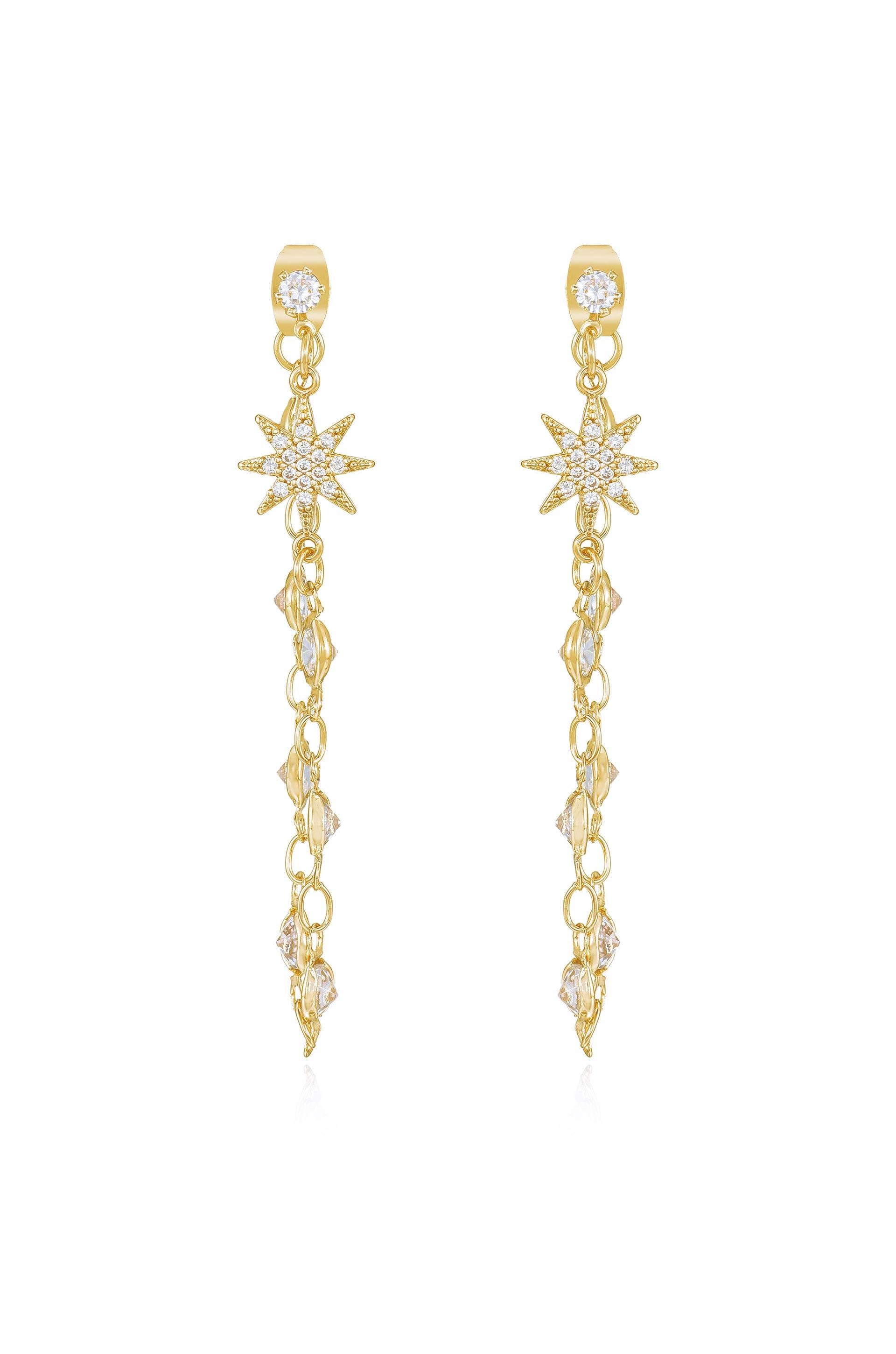 Starburst Crystal Chain Dangle 18k Gold Plated Earrings front