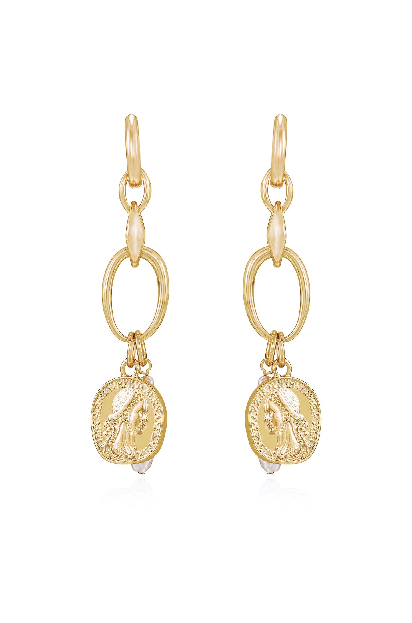 Trinket Treasures 18k Gold Plated Coin and Pearl Dangle Earrings
