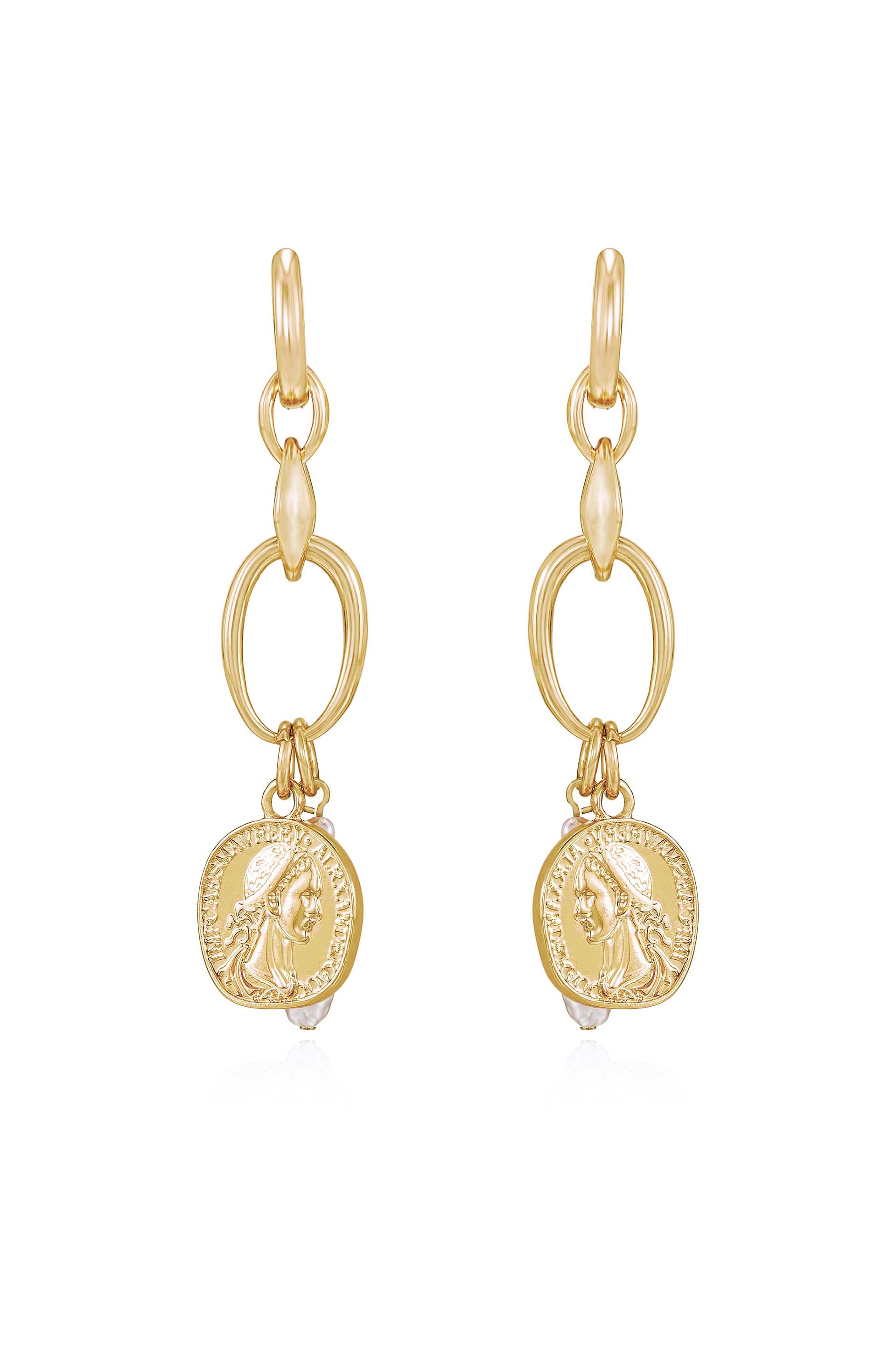 Trinket Treasures 18k Gold Plated Coin and Pearl Dangle Earrings