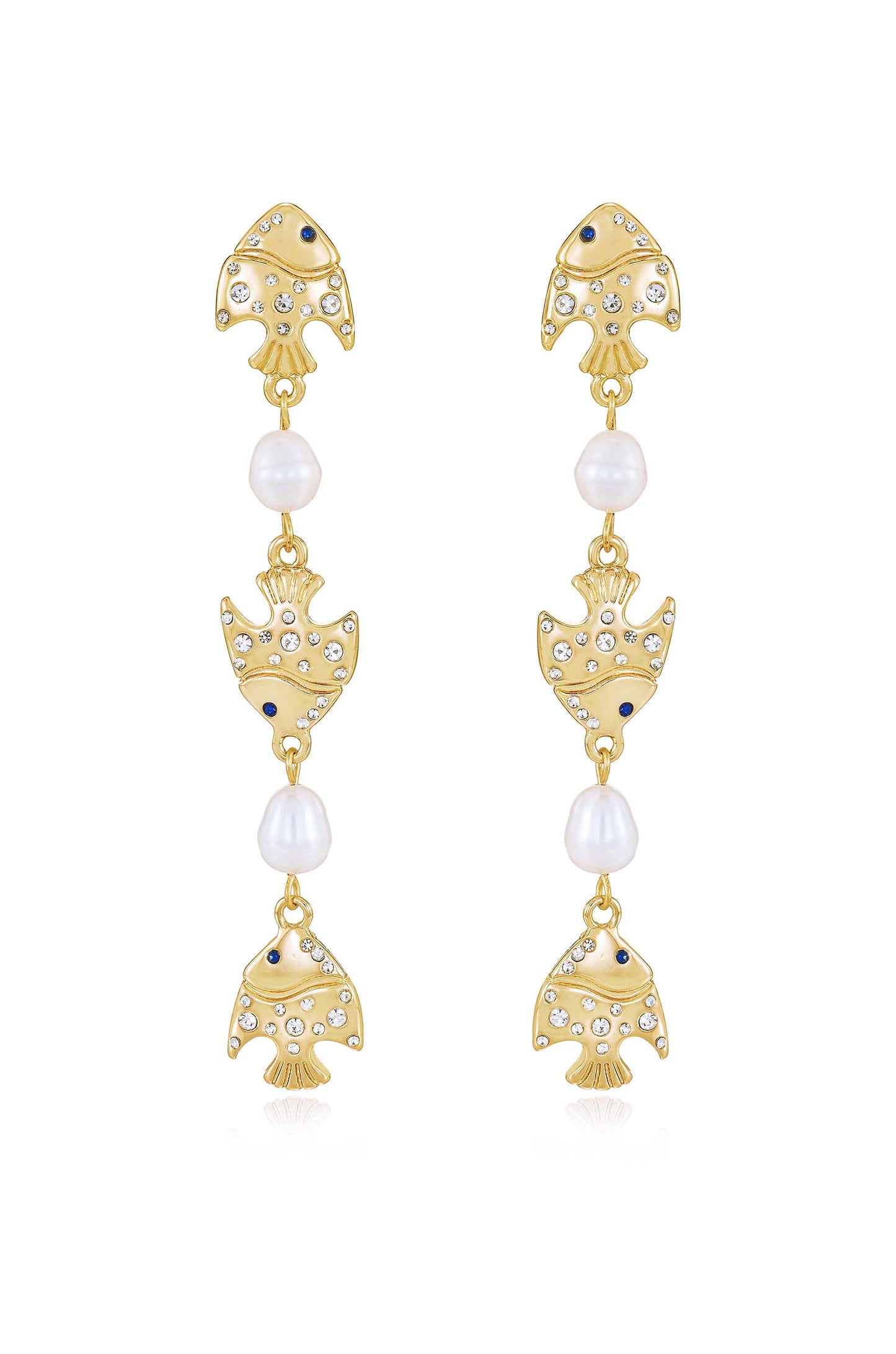 Tropical Fish and Pearl Dangle 18k Gold Plated Earrings