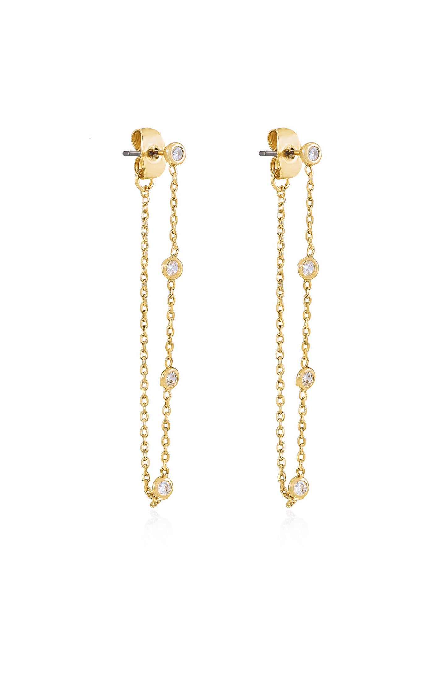 Elegantly Modern Chain and Crystal Strand 18k Gold Plated Earrings side
