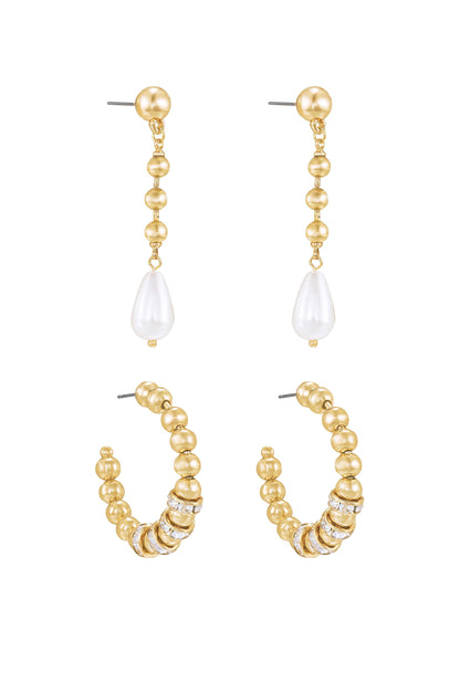 Double Take Pearl and Crystal 18k Gold Plated Earring Set