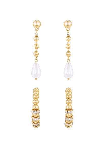 Double Take Pearl and Crystal 18k Gold Plated Earring Set front