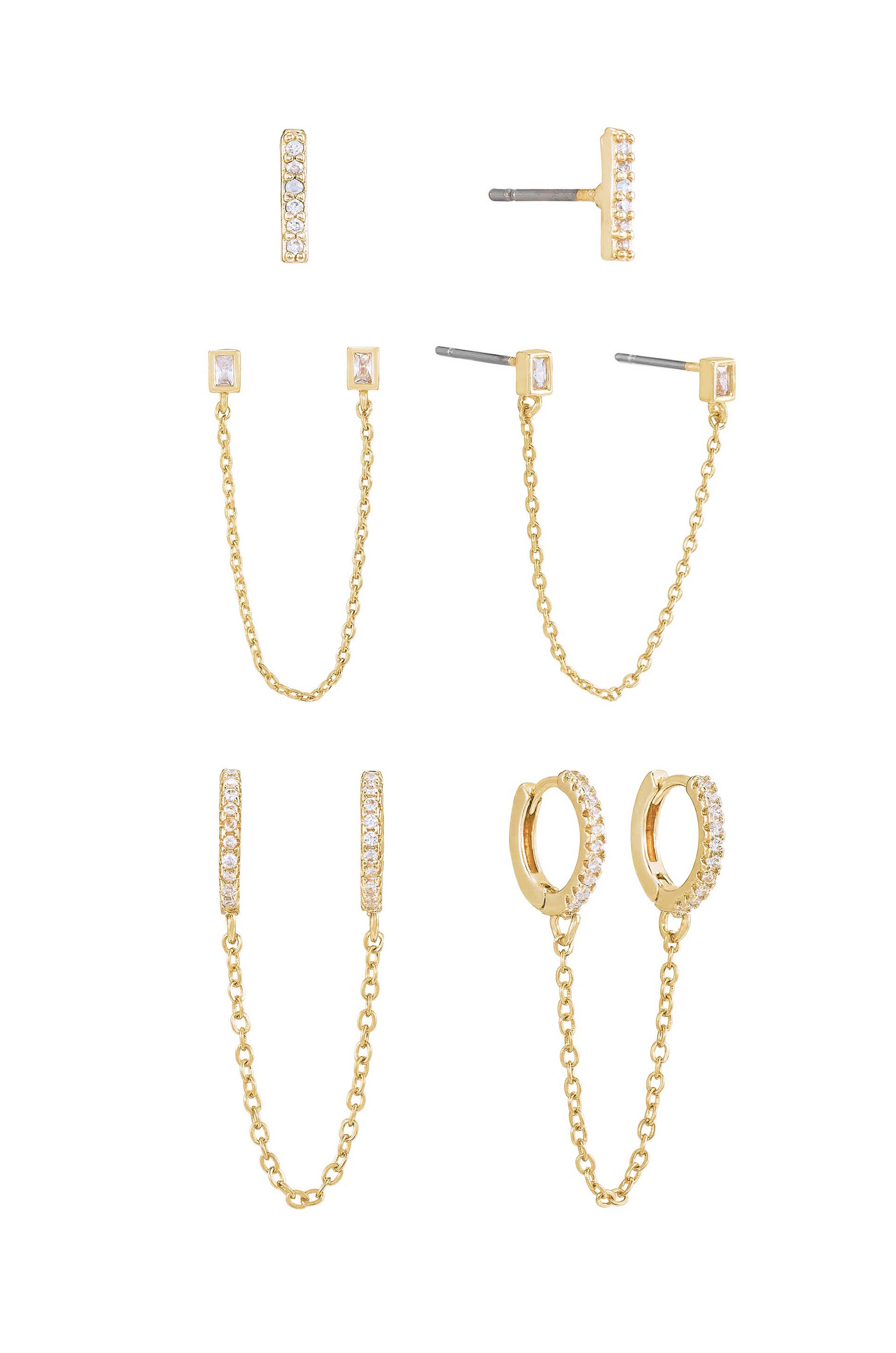 Chain Dangle Duo and Stud Earring Layering 18k Gold Plated Set of 3