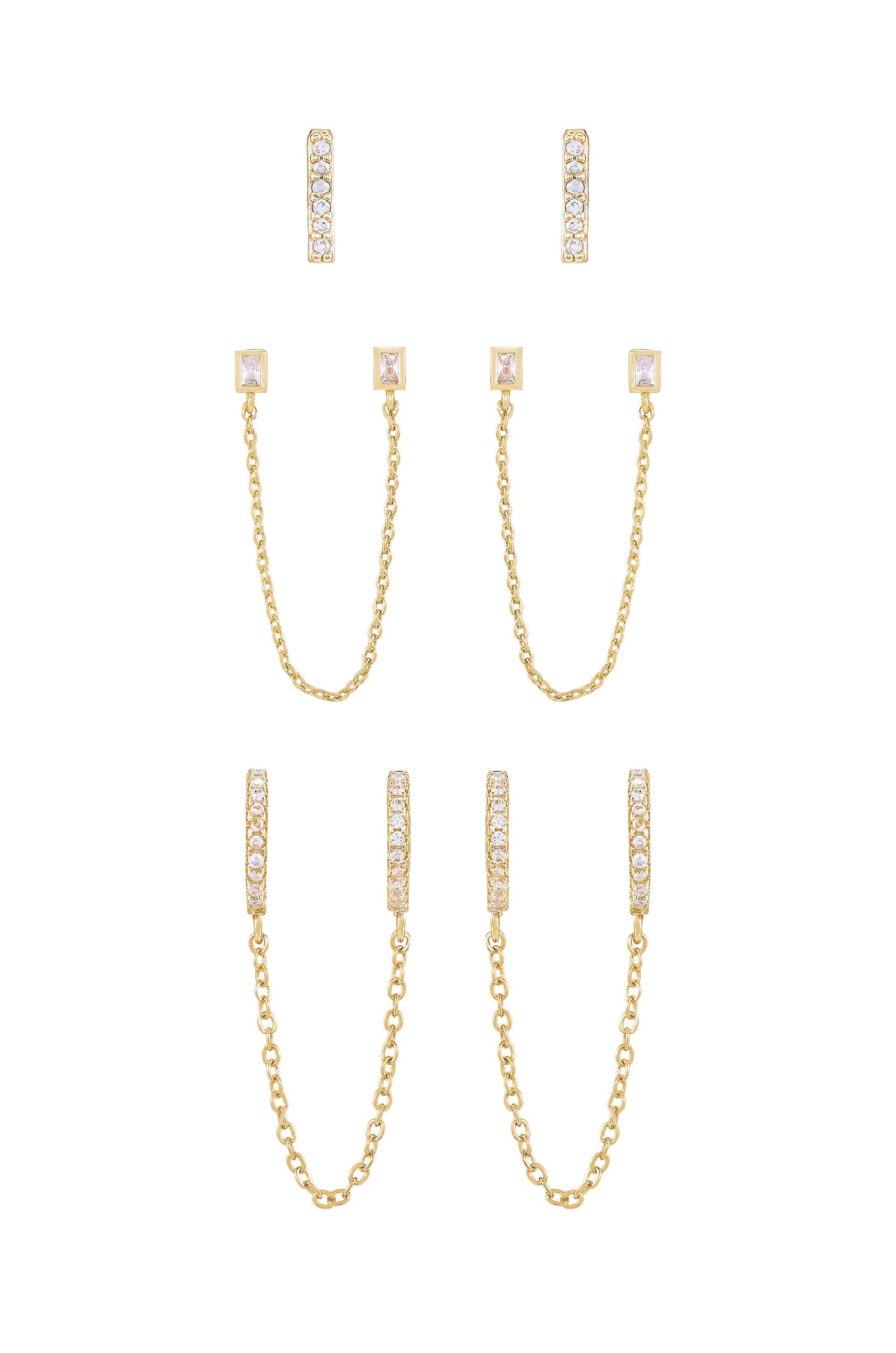 Chain Dangle Duo and Stud Earring Layering 18k Gold Plated Set of 3 front