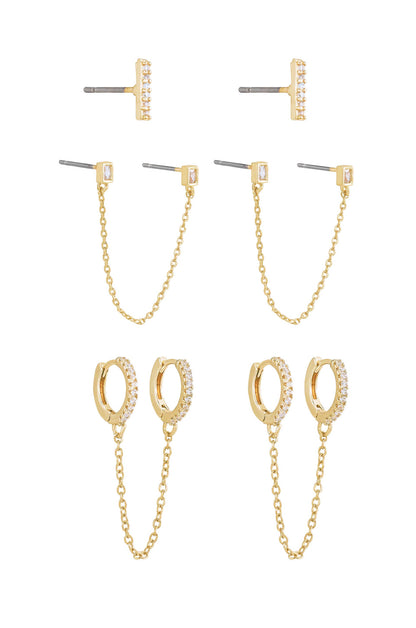 Chain Dangle Duo and Stud Earring Layering 18k Gold Plated Set of 3 side