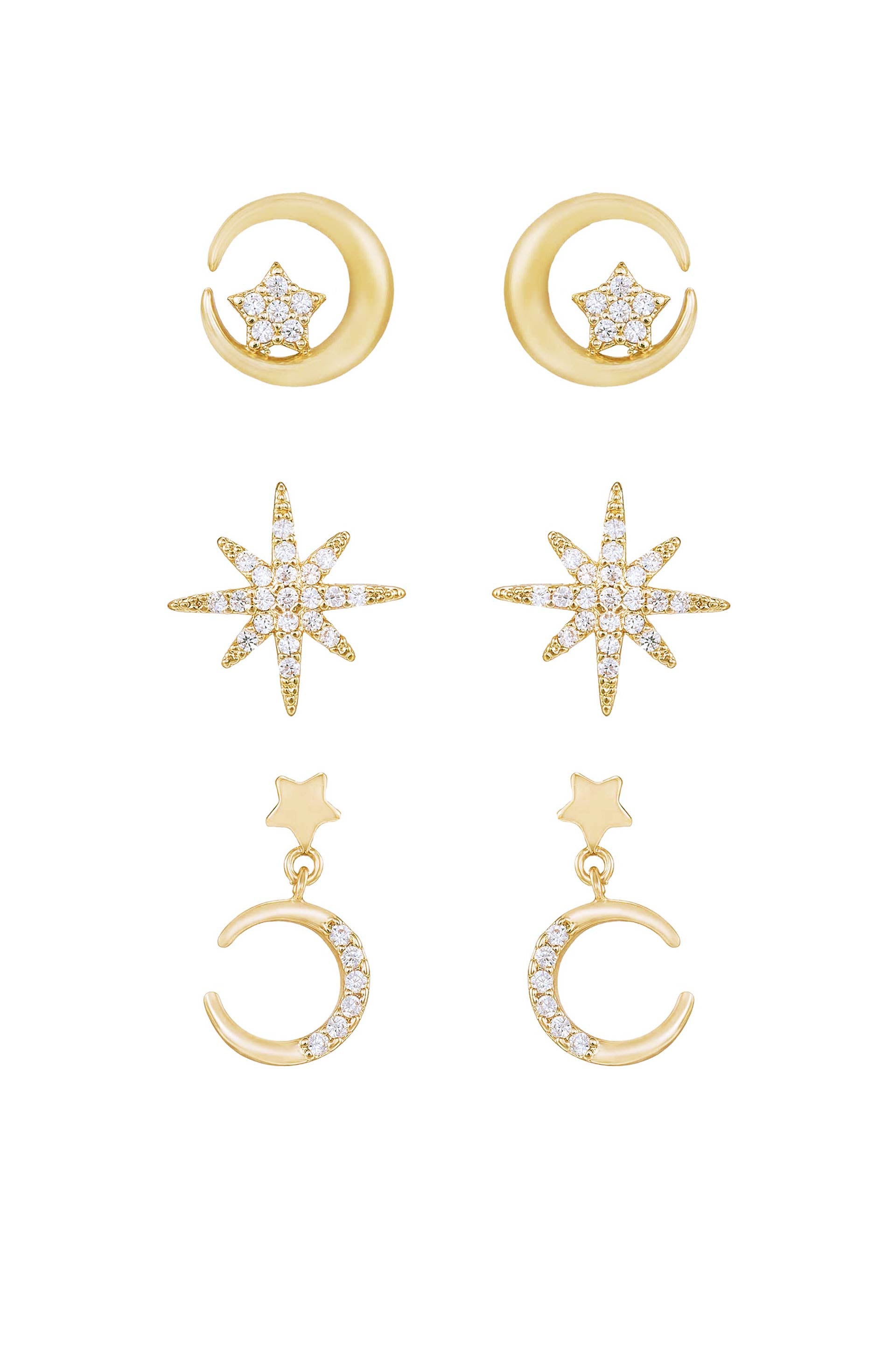 Celestial Stud and Mini Dangle 18k Gold Plated Earring Set of 3