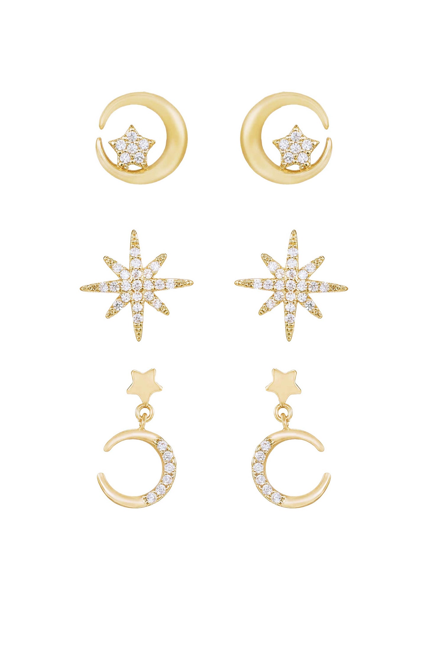 Celestial Stud and Mini Dangle 18k Gold Plated Earring Set of 3