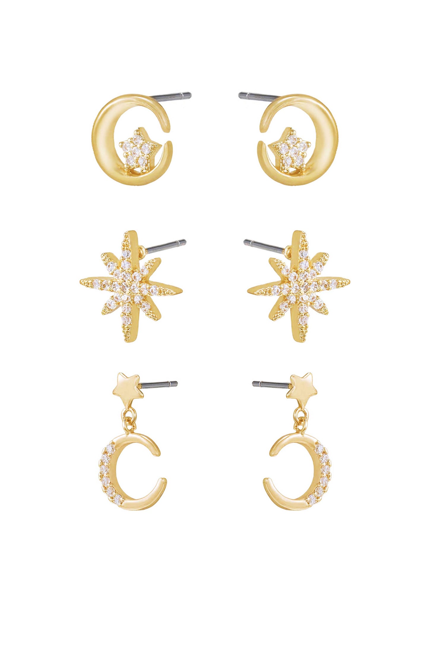 Celestial Stud and Mini Dangle 18k Gold Plated Earring Set of 3 side