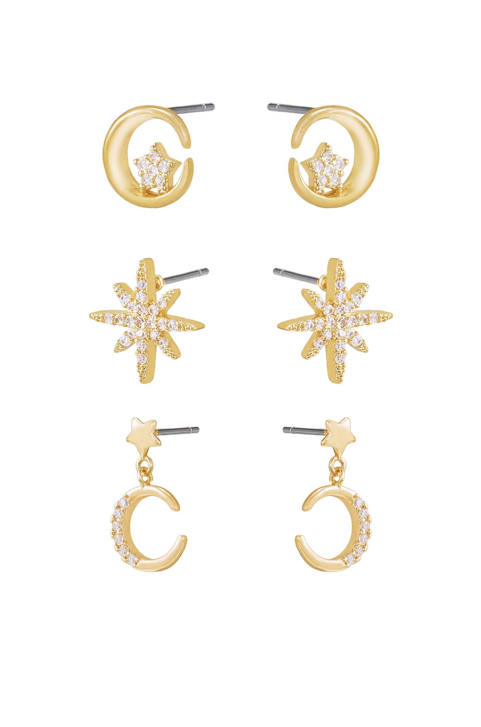 Celestial Stud and Mini Dangle 18k Gold Plated Earring Set of 3 side