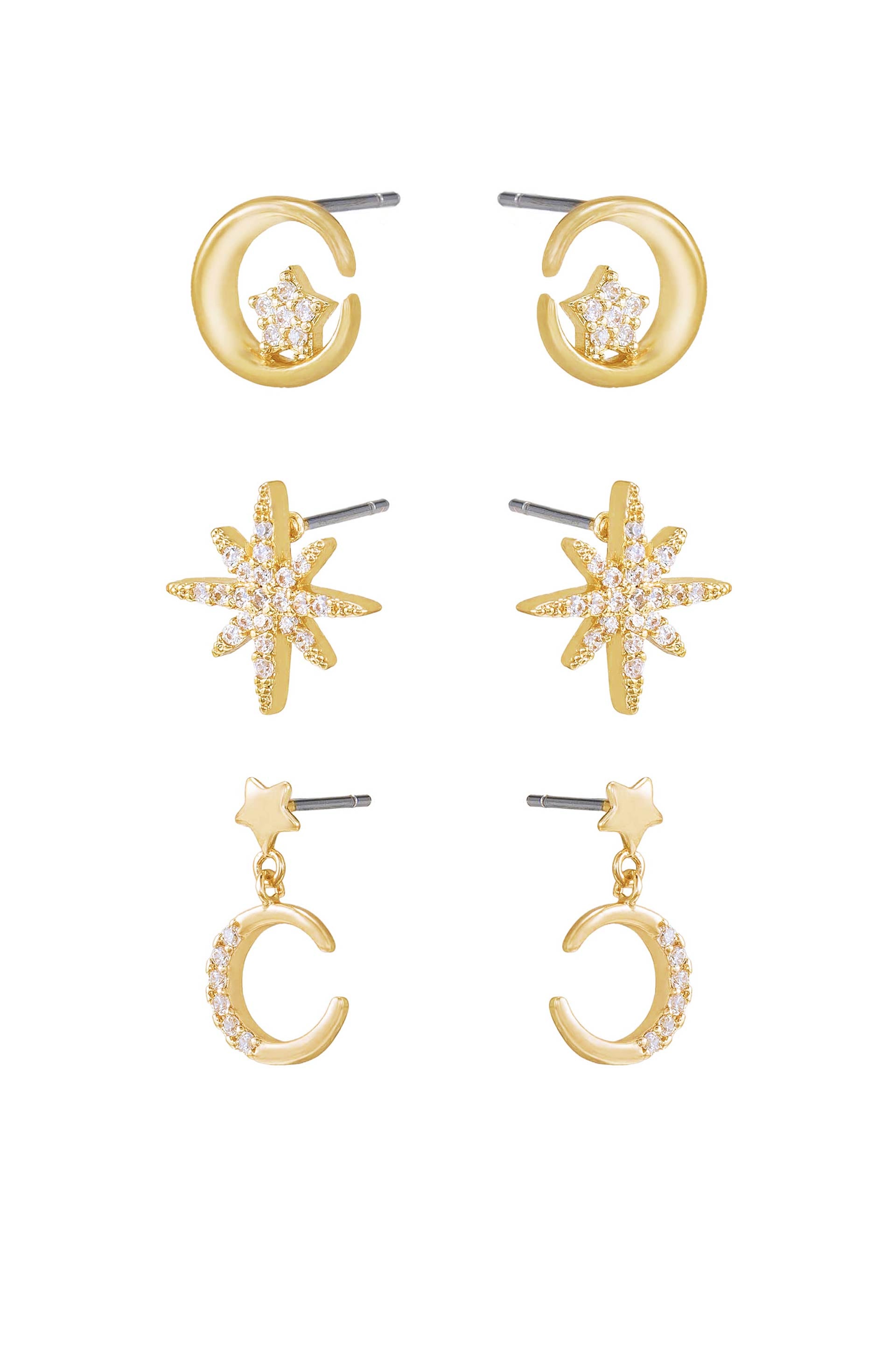 Celestial Stud and Mini Dangle 18k Gold Plated Earring Set of 3 side