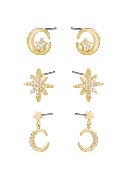 Celestial Stud and Mini Dangle 18k Gold Plated Earring Set of 3 side