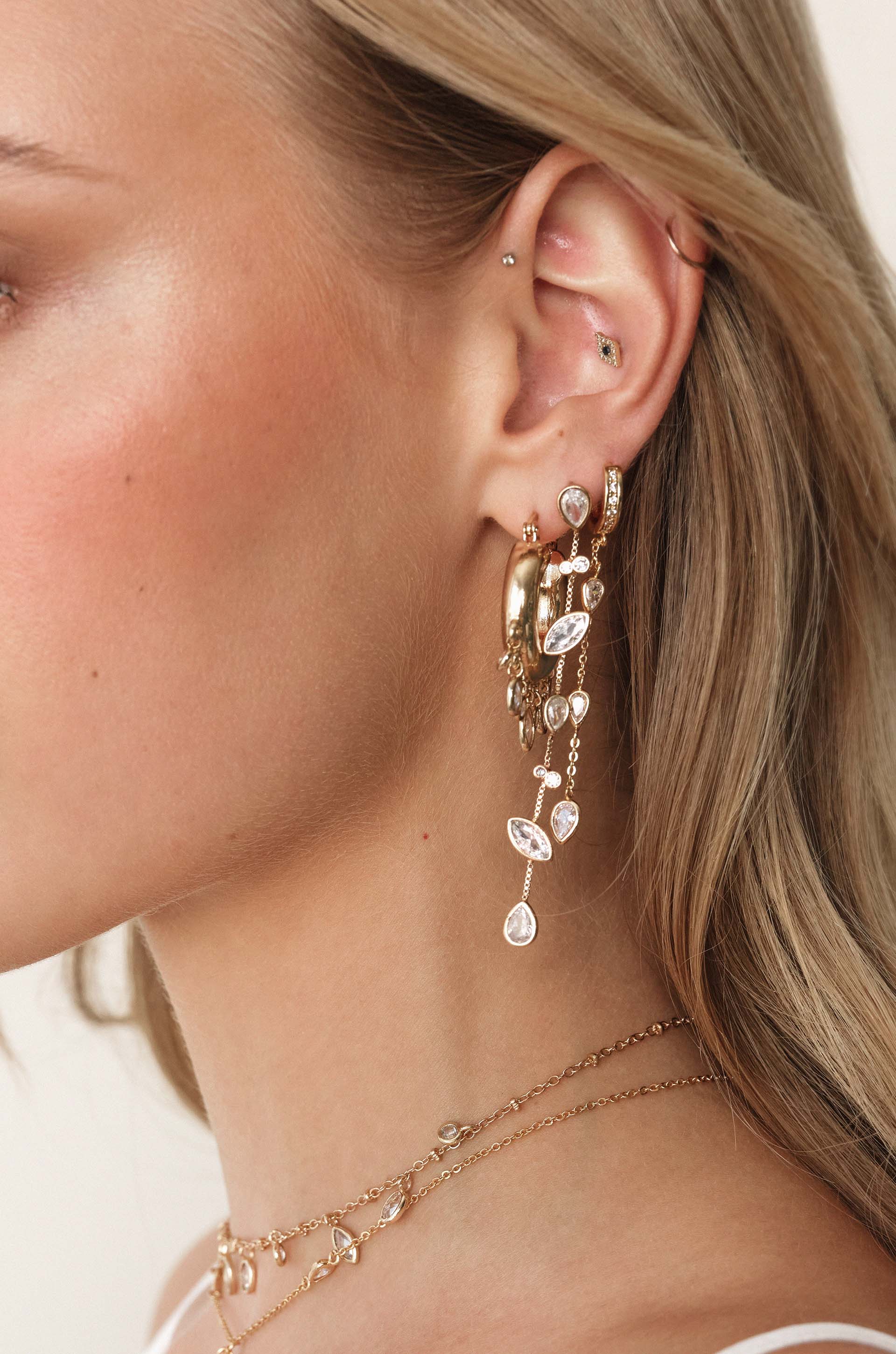Bezel Crystal Huggie Hoop Dangle Earrings on model