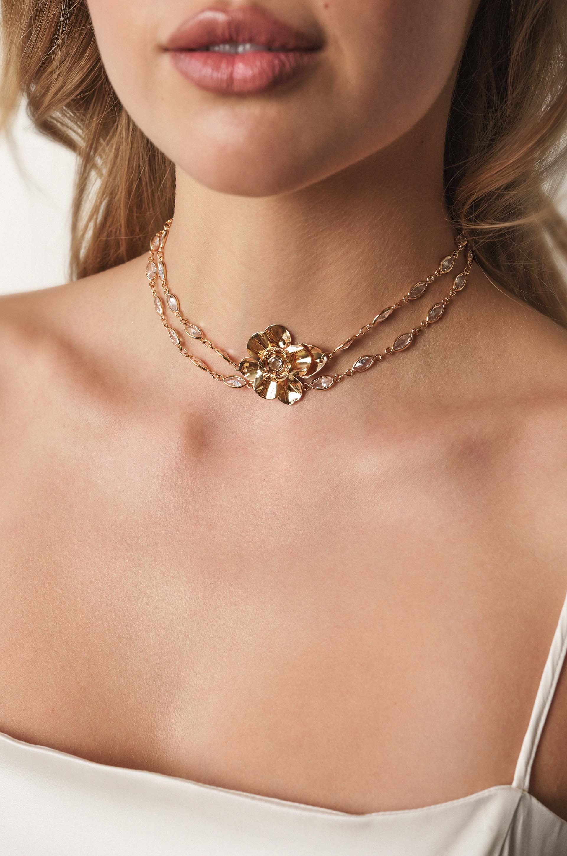 Bezel Crystal Layered 18k Gold Plated Flower Necklace on model