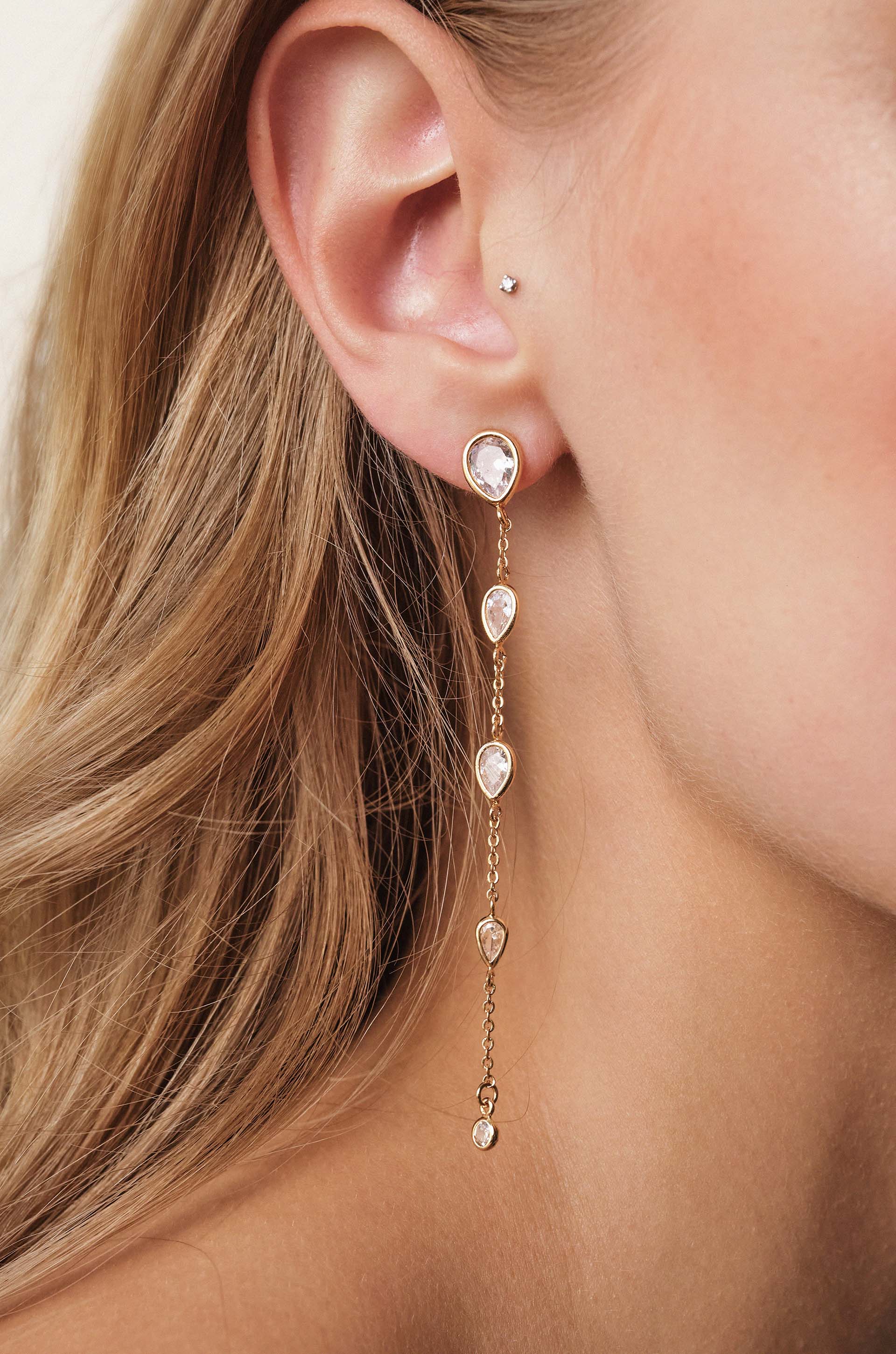 Dainty Bezel Crystal Dangle Earrings on model
