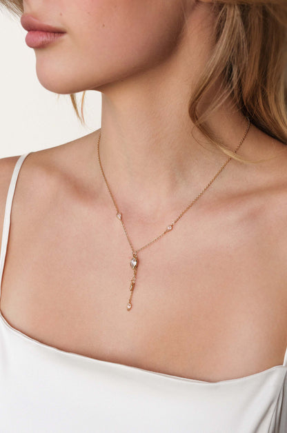 Dangling Bezel Crystal Chain Lariat Necklace on model