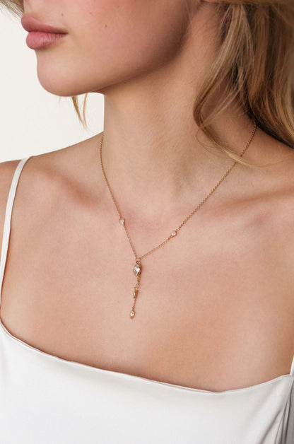 Dangling Bezel Crystal Chain 18k Gold Plated Lariat Necklace on model