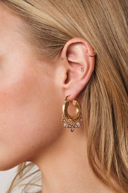 Shaker Bezel Crystal Huggie 18k Gold Plated Hoop Earrings on model