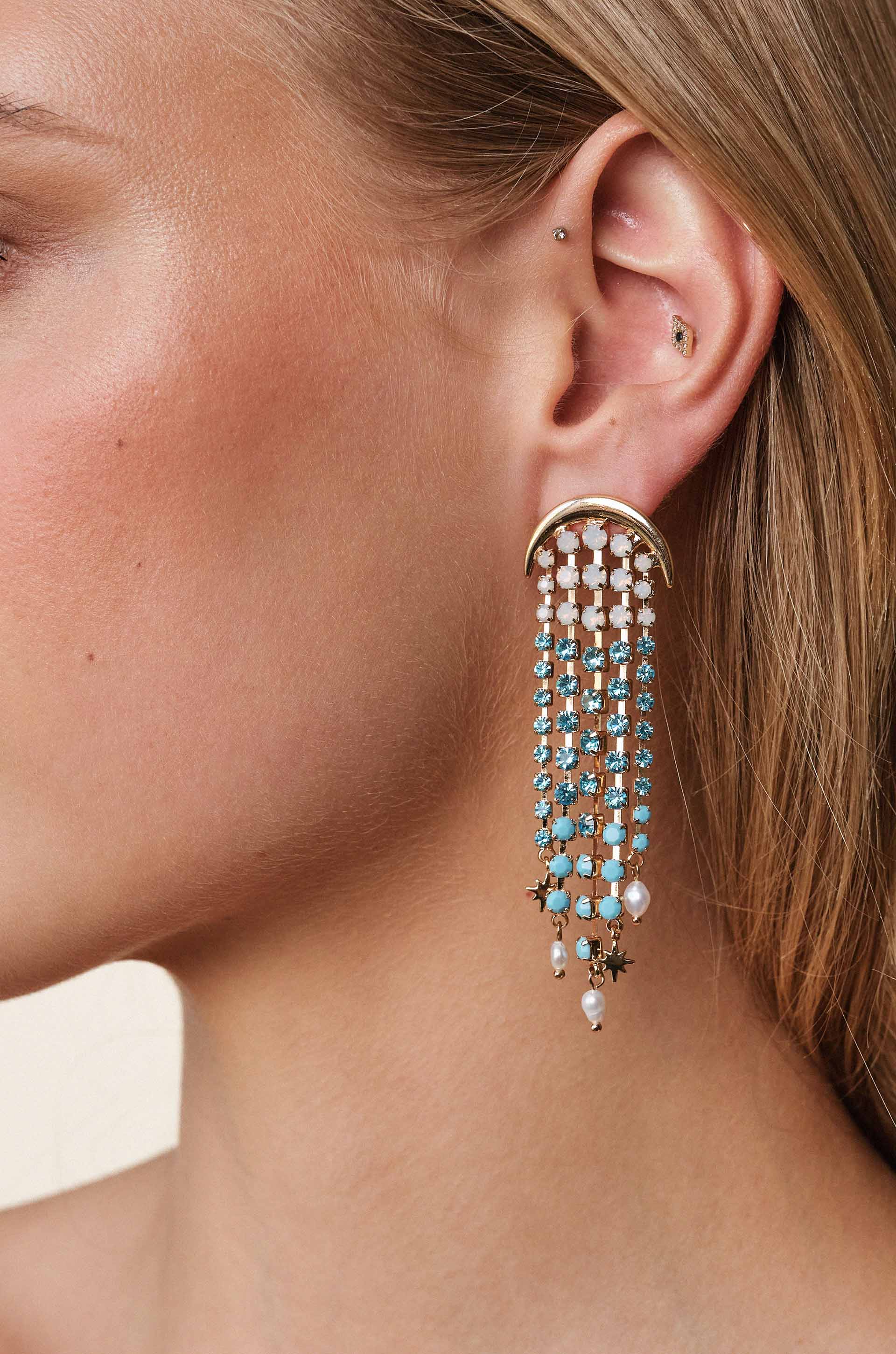 Aqua Galaxy Fringe Earrings on model