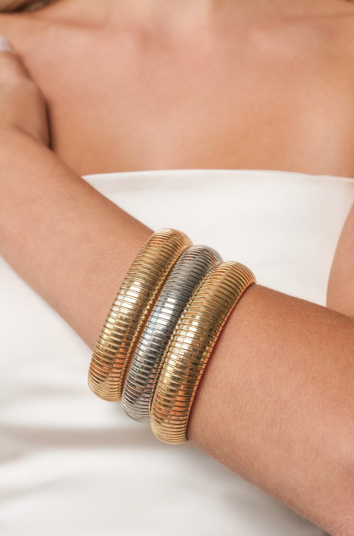 Golden Hour Flex Snake Chain Stretch Bracelet Set on model in mixed metals