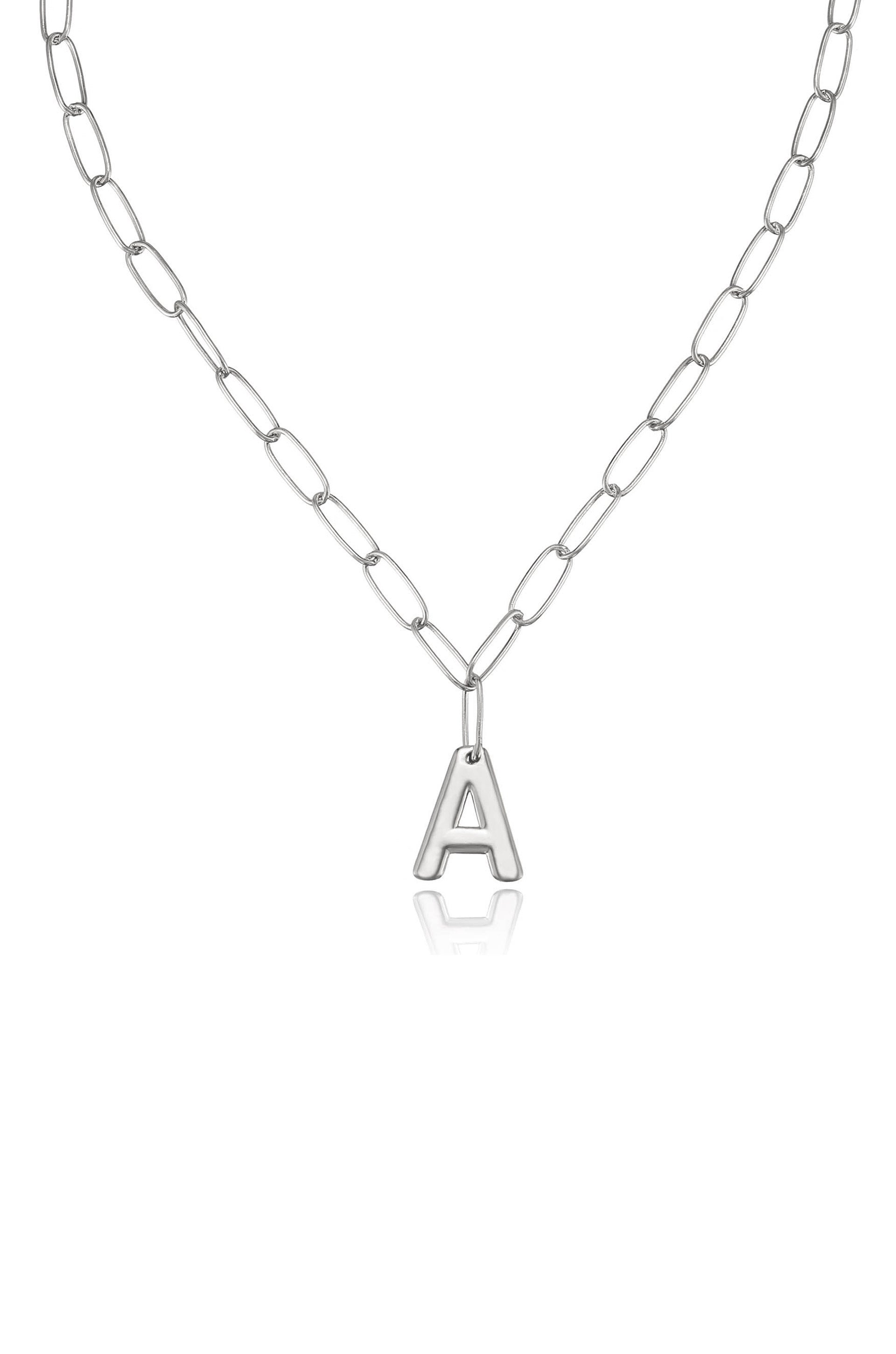 Paperclip Link Initial Necklace in Rhodium A