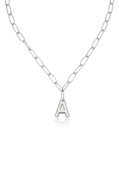 Paperclip Link Initial Necklace in Rhodium A