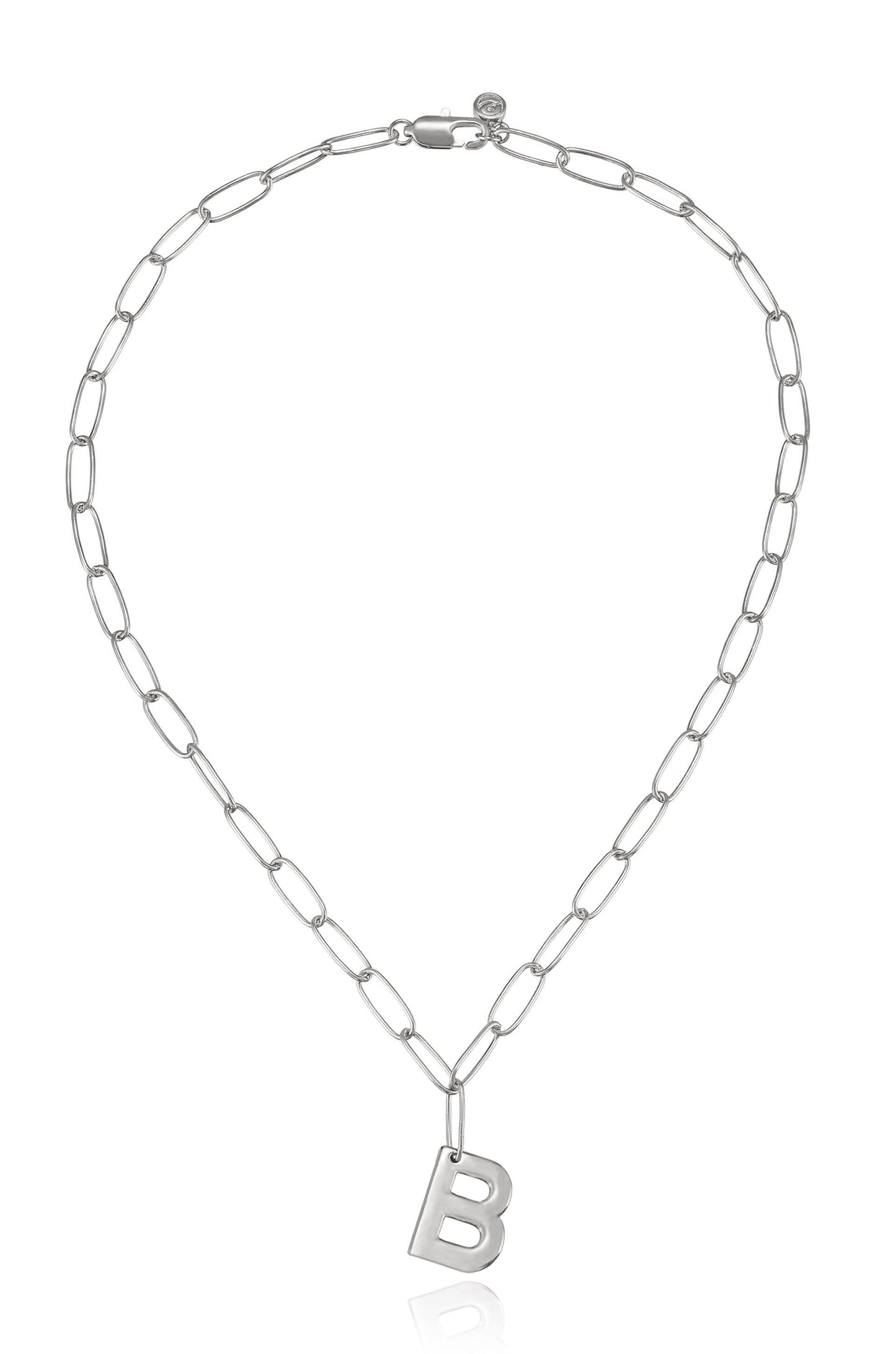 Paperclip Link Initial Necklace in Rhodium B