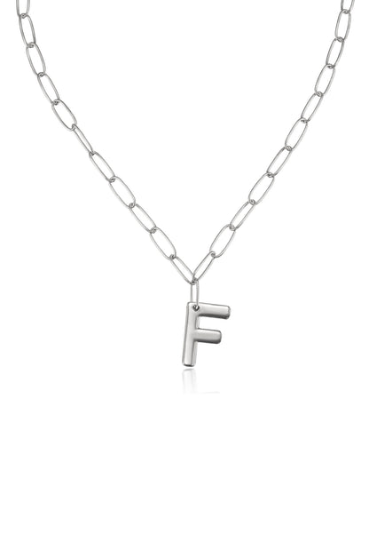 Paperclip Link Initial Necklace in Rhodium F