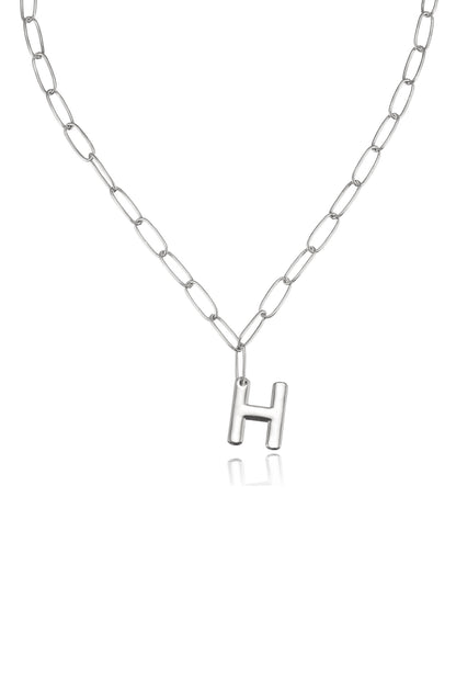 Paperclip Link Initial Necklace in Rhodium H