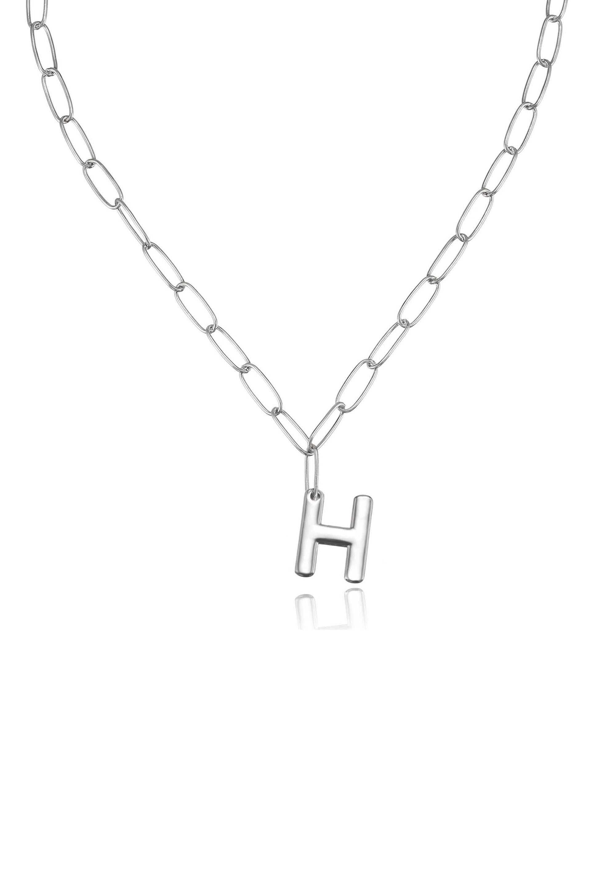 Paperclip Link Initial Necklace in Rhodium H