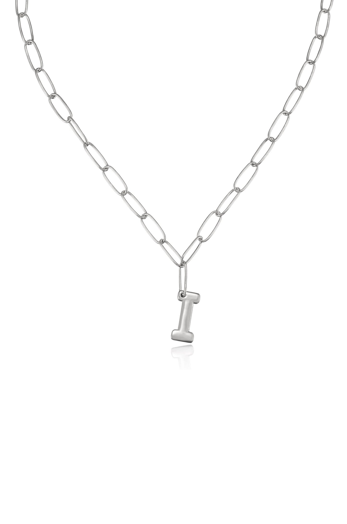 Paperclip Link Initial Necklace in Rhodium I