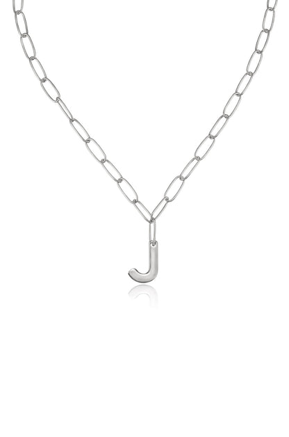 Paperclip Link Initial Necklace in Rhodium J