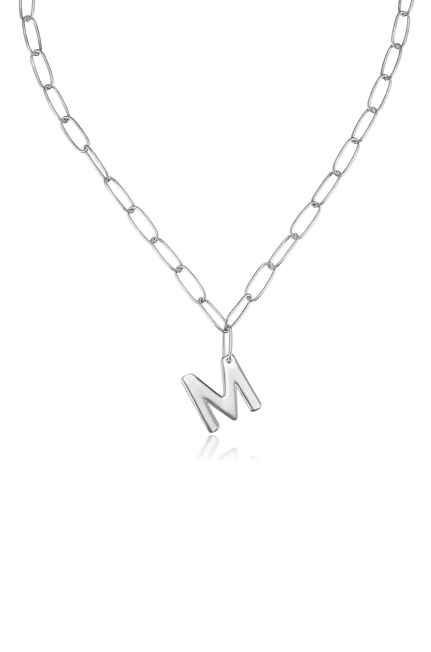 Paperclip Link Initial Necklace in Rhodium M