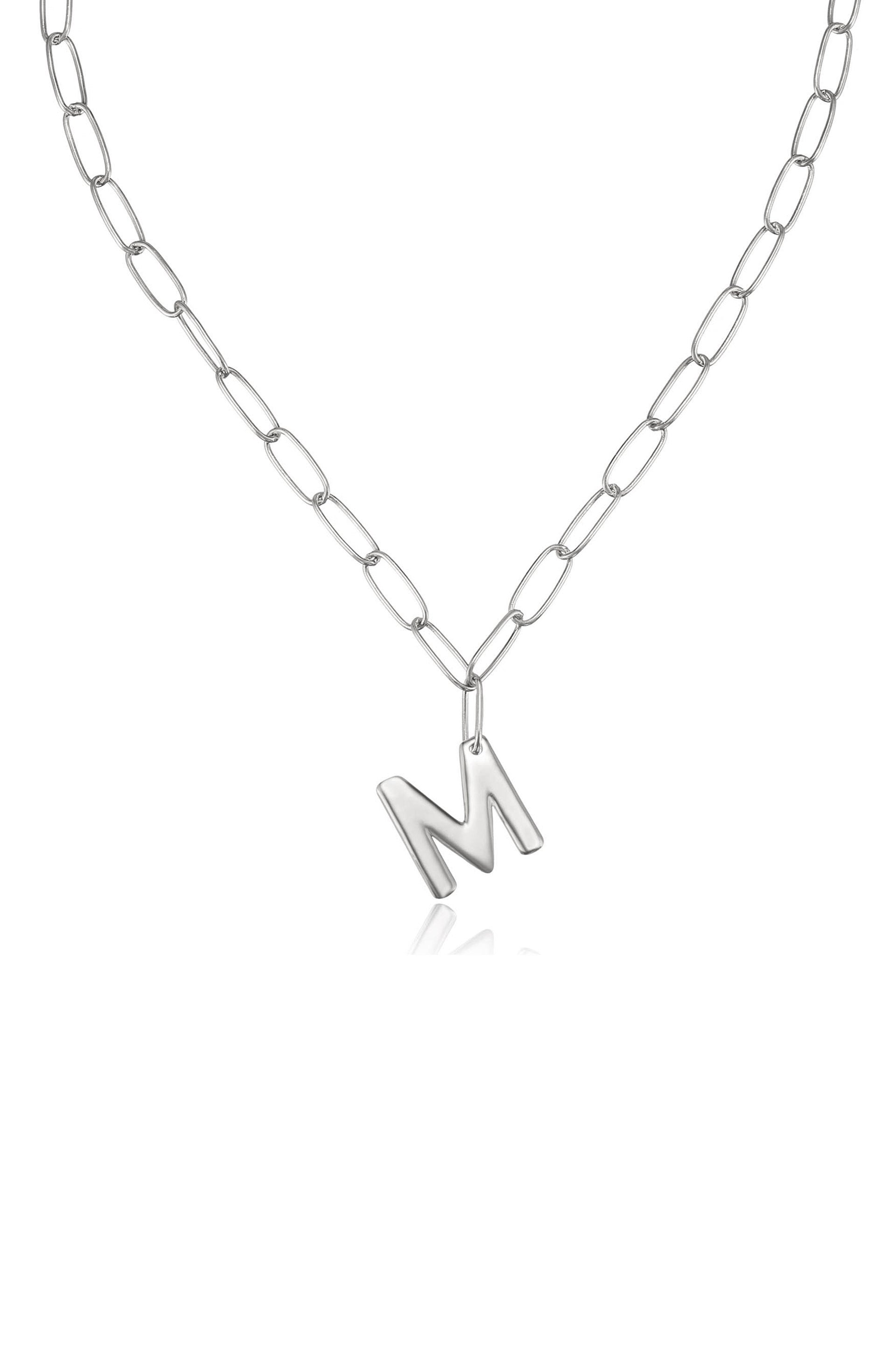 Paperclip Link Initial Necklace in Rhodium M