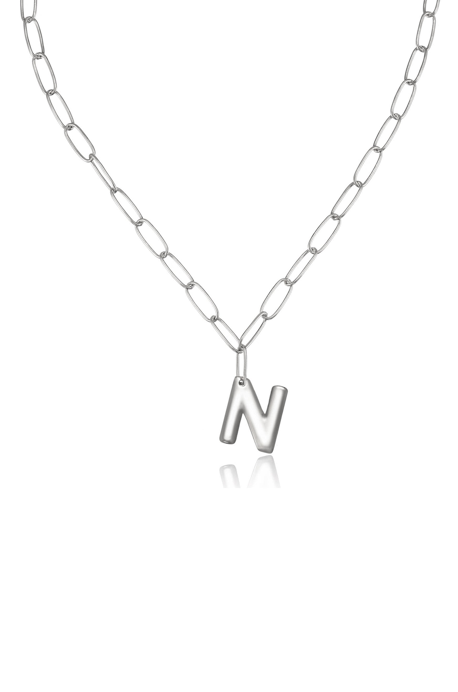 Paperclip Link Initial Necklace in Rhodium N