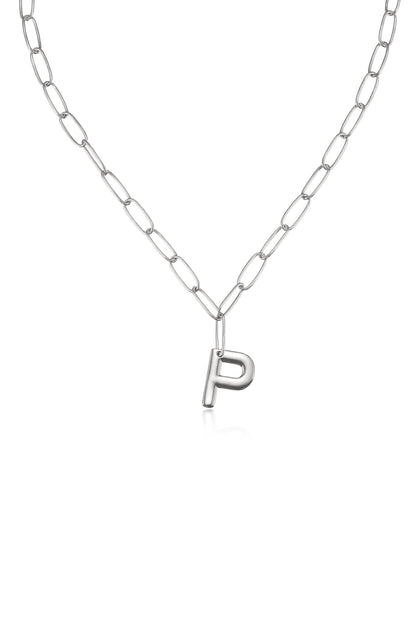 Paperclip Link Initial Necklace in Rhodium P