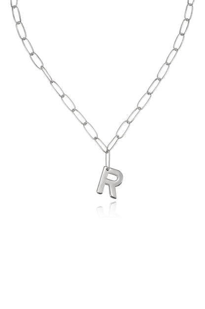 Paperclip Link Initial Necklace in Rhodium R