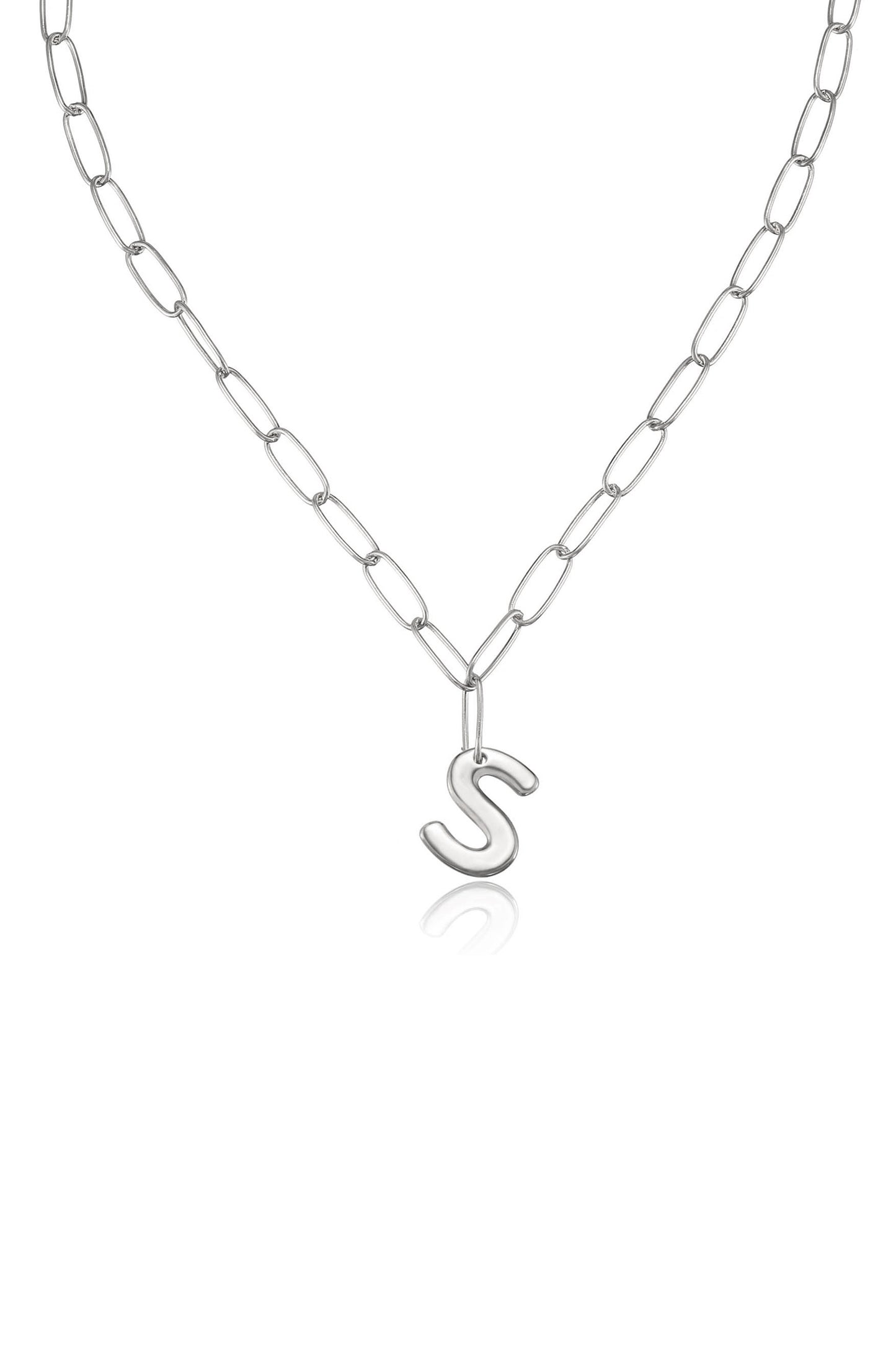 Paperclip Link Initial Necklace in Rhodium S