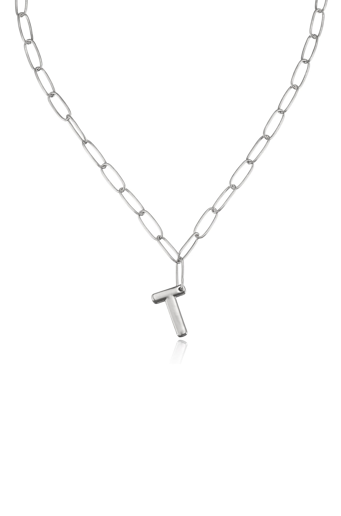 Paperclip Link Initial Necklace in Rhodium T