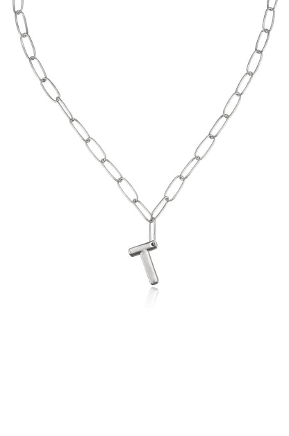 Paperclip Link Initial Necklace in Rhodium T