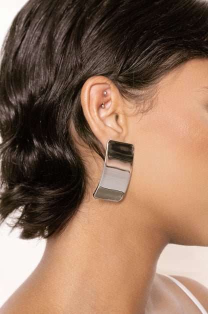 Rectangle Metal Stud Earrings in rhodium on model