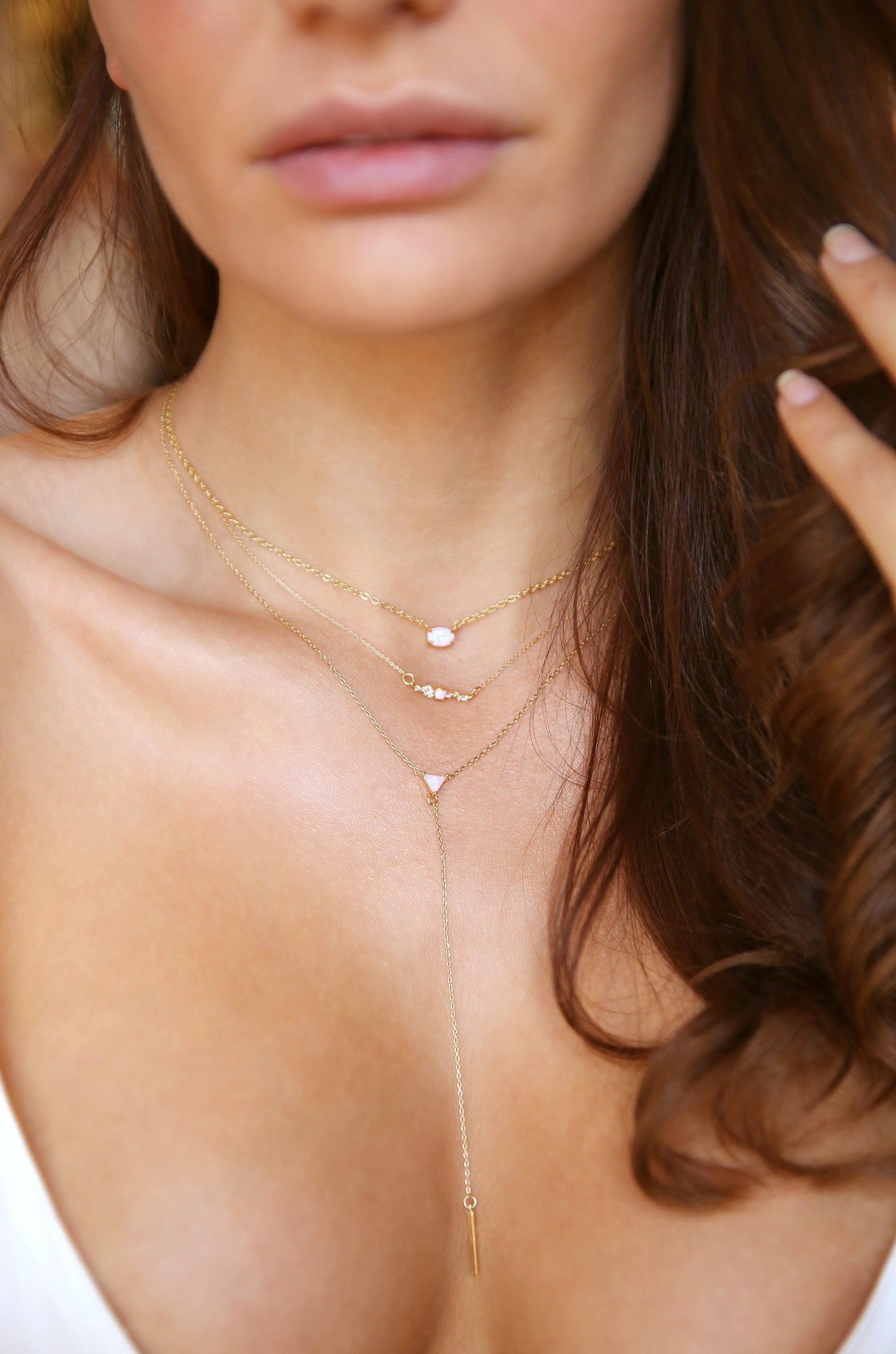 Layered Opal Lariat Necklace Set of 3 on model