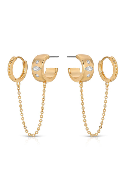 Double Piercing Bezel Crystal Dangle Earrings side