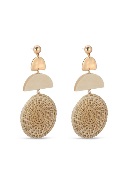 Geo Raffia and Cream Wood Drop 18k Gold Plated Earrings side view