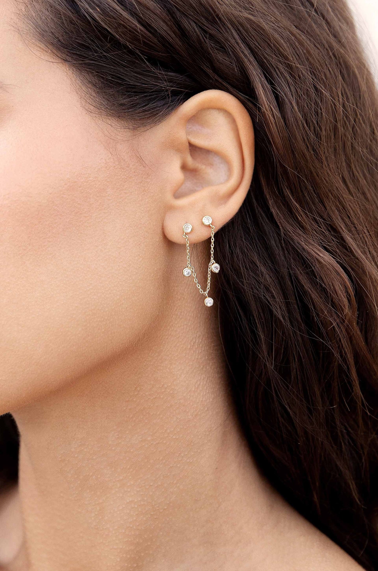 Double Piercing Multi-Crystal 18k Gold Plated Dangle Earrings on model