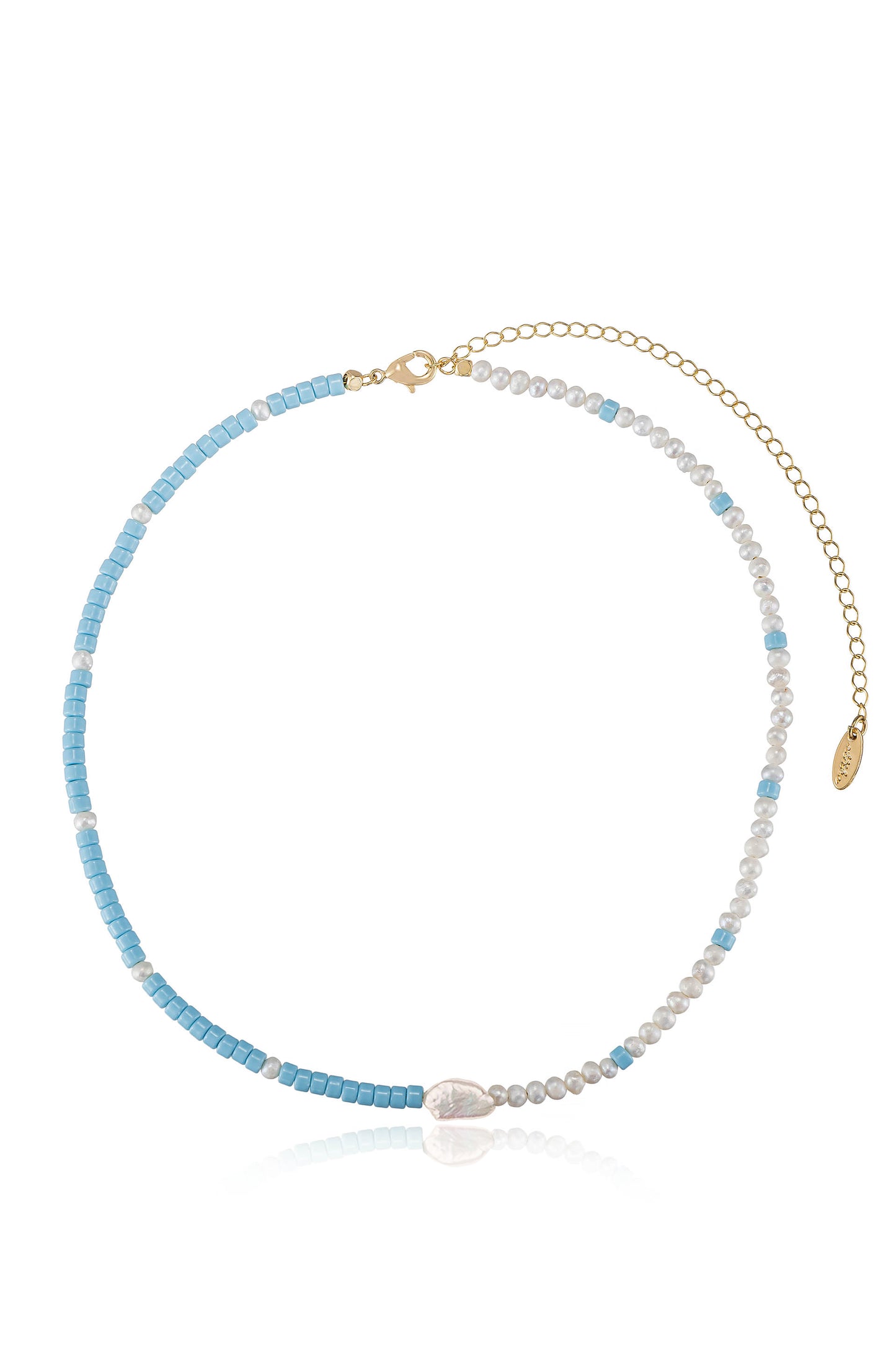 Easy Beach Day Turquoise and Pearl Strand 18k Gold Plated Necklace