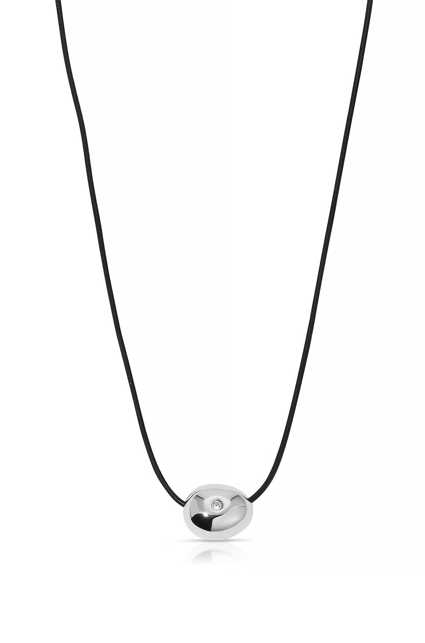 Single Crystal Polished Pebble Leather Pendant Necklace rhodium full