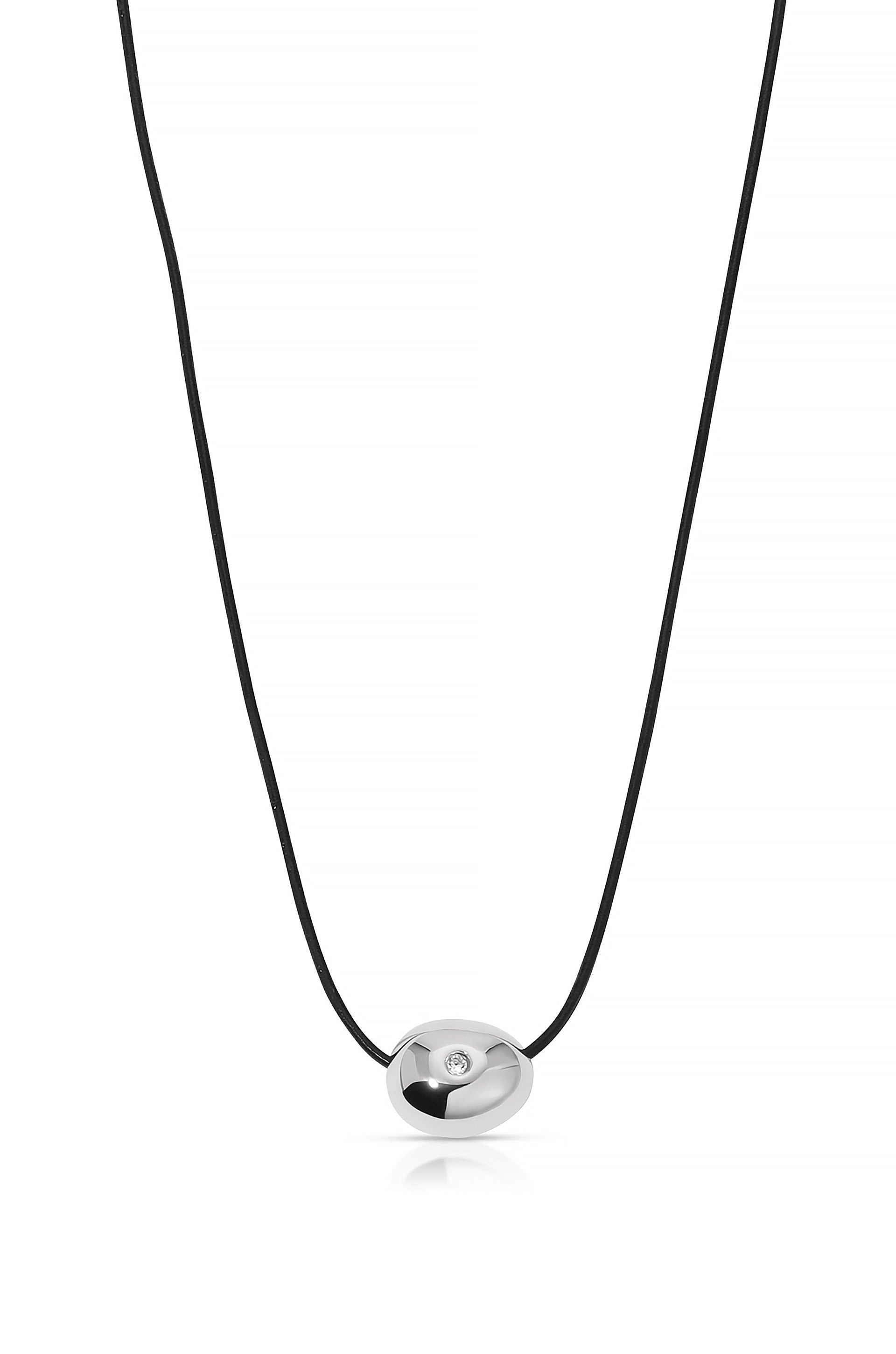 Single Crystal Polished Pebble Leather Pendant Necklace rhodium full