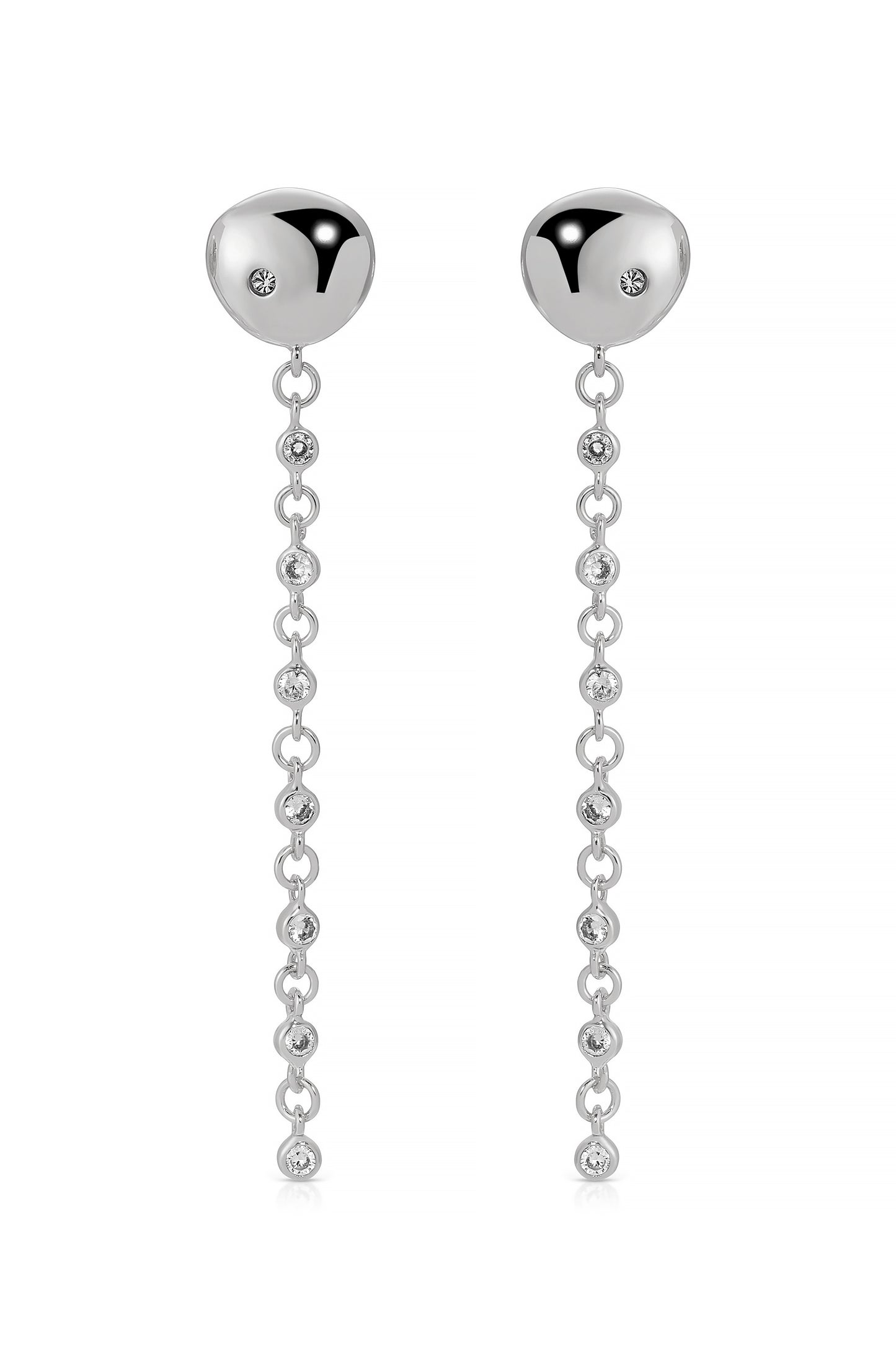 Polished Pebble Linear Crystal Chain Drop Earrings rhodium