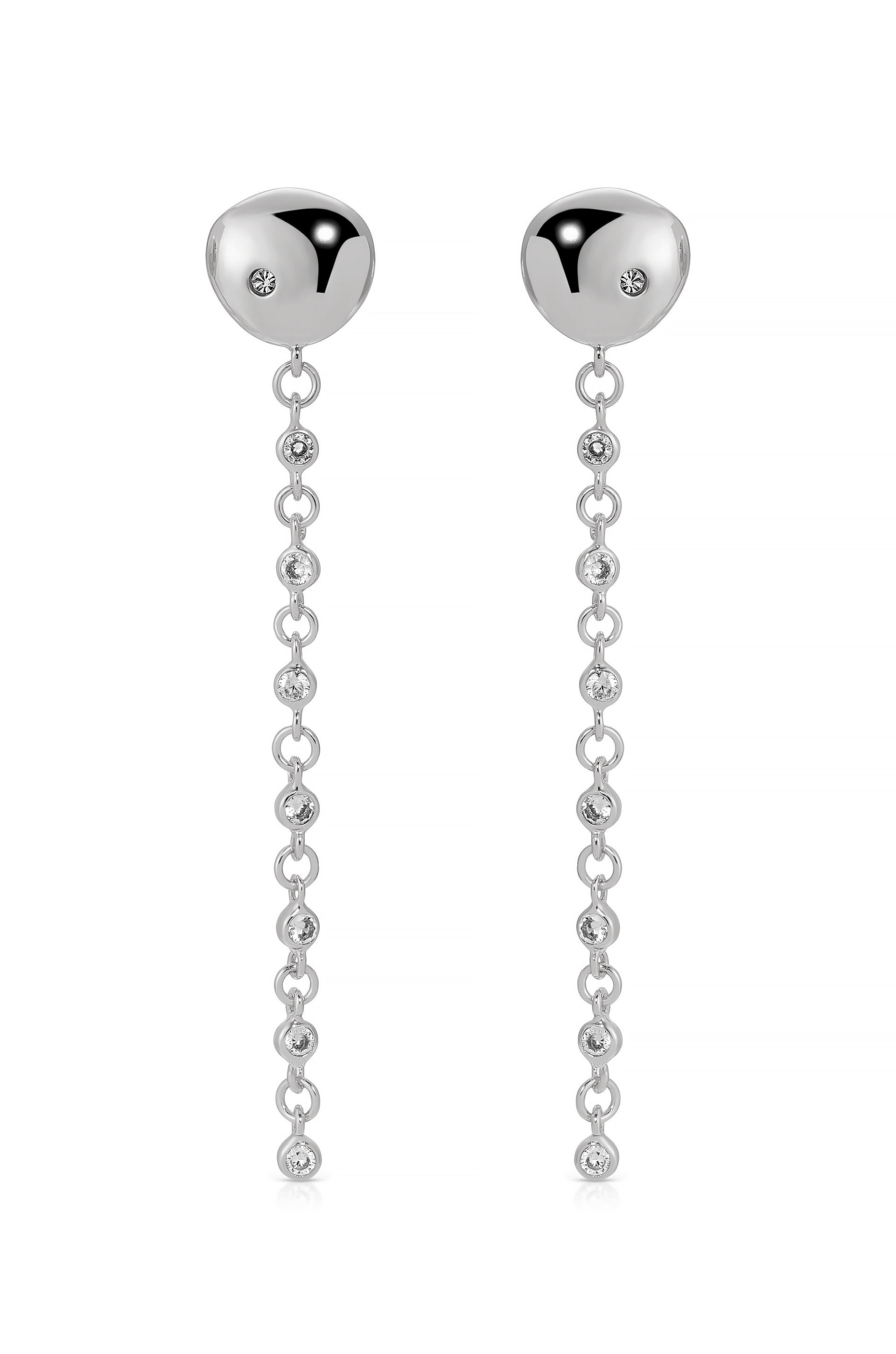 Polished Pebble Linear Crystal Chain Drop Earrings rhodium
